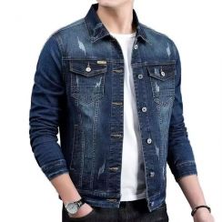 Mens Slim Fit Blue Ripped Edging Denim Jacket