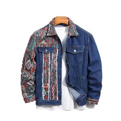 Autumn Vintage Ethnic Style Patchwork Denim Jacket With Different Sleeve Stitching Wrap for Men
